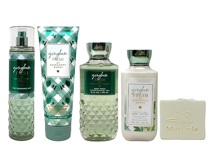 Bath & Body Works Gingham Fresh Deluxe Gift Set - Fragrance Mist - Body Cream - Body Wash and Body Lotion - with a Natural Oats Bar Soap - Full Size