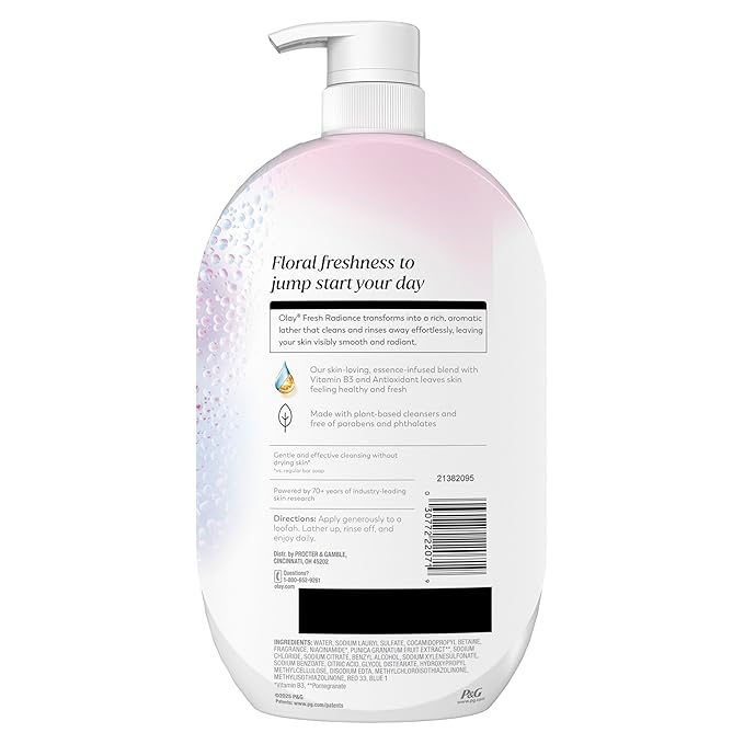 Olay Body Wash for Women, Fresh Radiance, 24/7 Skin-Loving Freshness, Visibly Radiant, Plant Based Cleansers, Vitamin B3 & Antioxidant Blend, For All Skin Types, Orchid & Black Currant Scent, 35 fl oz
