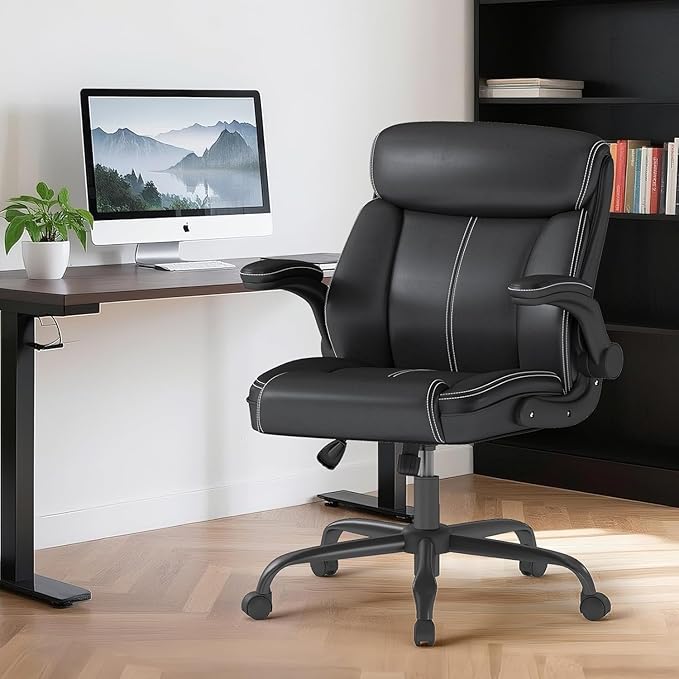 AnyGod 1Pcs Office Chair for Men Women Home Office Pu Leather High Back 360 Swivel Rocking Function Ergonomic Chair with Flip-Up Arms Lumbar Support Rolling Wheels Adjustable Height -Black Size
