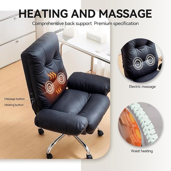 EMIAH Heated and Massage Office Chair with Foot Rest Criss Cross Chair with Wheels and Flip-up Arms Reclining Desk Chair Comfy Wide Seat PU Leather Rolling Computer Home Office Chair (Black)