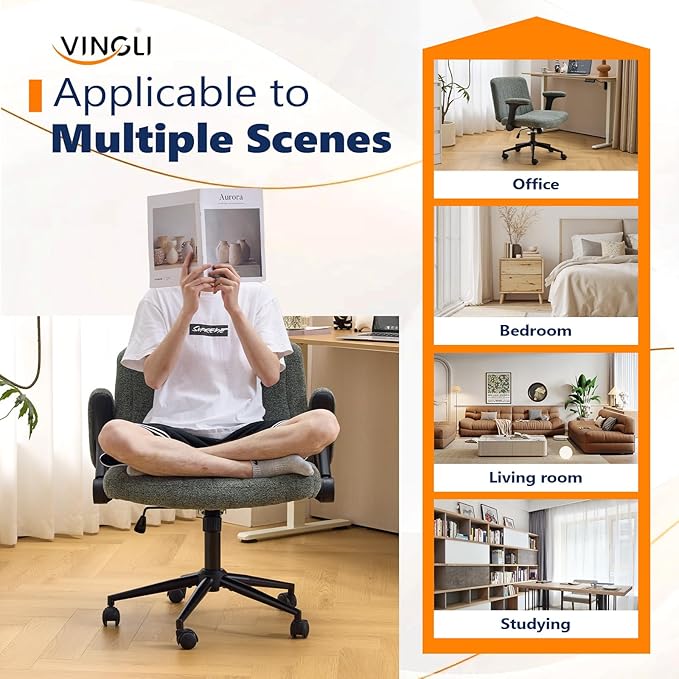 VINGLI Criss Cross Chair with Adjustable Flip-Up Arms,Cross Legged Chair with Wheels, Extra Wide Office Chair,Cozy Desk Chair for Home Office, Vanity, Apartment,Chenille Velvet,Dark Green