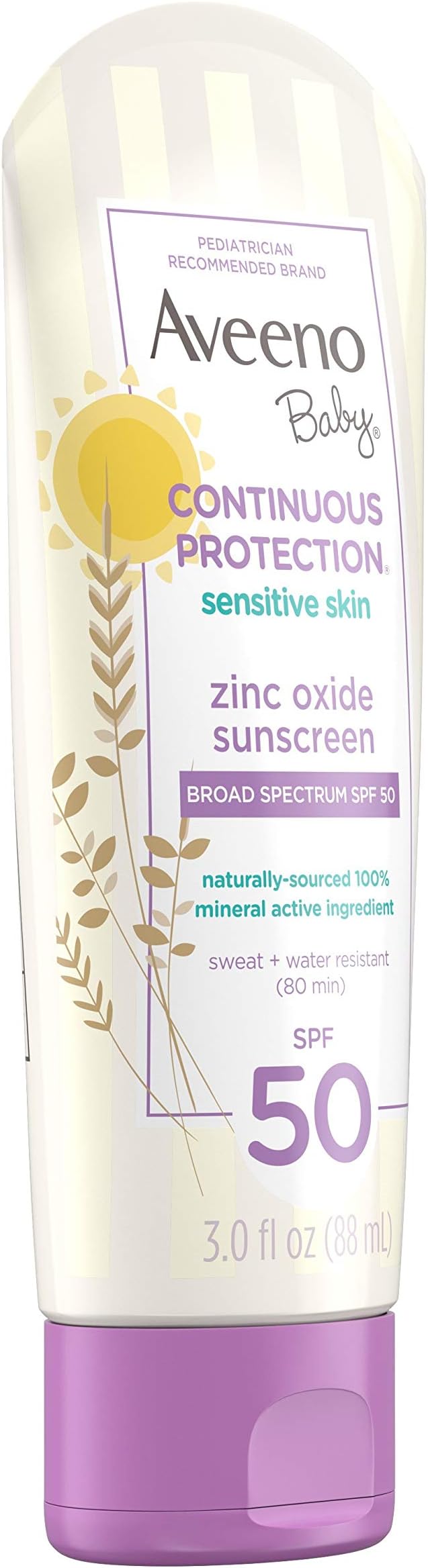 Aveeno Baby Continuous Protection Zinc Oxide Mineral Sunscreen Lotion for Sensitive Skin, Broad Spectrum SPF 50, Tear-Free, Sweat- & Water-Resistant, Paraben-Free, Travel-Size, 3 fl. oz
