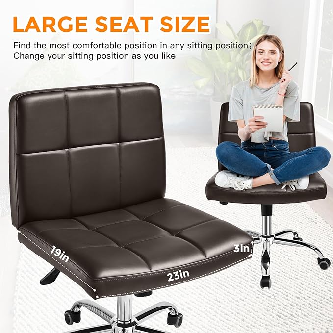 360° Office Desk Chair,PU Adjustable Rolling Task Chair with Backrest for Barber,Office,Home, Computer,360° Swivel,Armless，desk chair without arms，office chair 400+ lb weight capacity(Widened Brown)