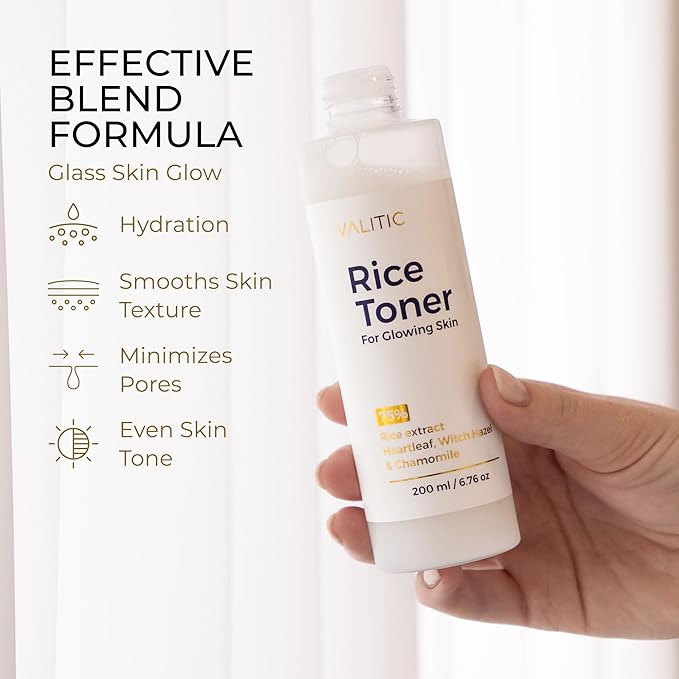 VALITIC Rice Toner - 75 Rice Extract Milky Toner for Face with Niacinamide, Heartleaf, Witch Hazel and Chamomile Essence - Facial Glass Skin Hydrating Skin Care - 200 ml, 6.76 fl oz