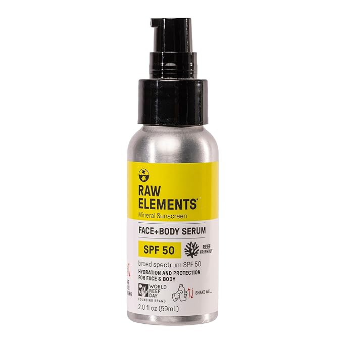 Raw Elements Face + Body Serum SPF 50 All-Natural Mineral Sunscreen - Reef Safe, Water Resistant, Broad Spectrum UVA/UVB Protection, Safe For All Ages, Travel Size 2oz