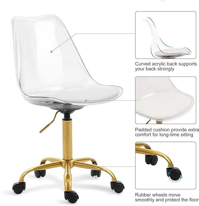 HOMEFUN Clear Desk Chair with Cushion, Armless Acrylic Rolling Chairs with Golden Feet Swivel Height Adjustable Ghost Molded Plastic and Wheels