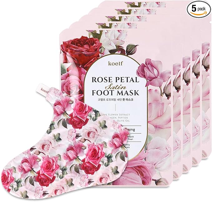 koelf Rose Petal Satin Foot Mask (5pairs) - Korean Skin Care, Intensive Nourishing Socks, Rose Scented Foot Repair Masks with Peptide, Collagen, Shea Butter, Urea for Smooth Feet, Foot Treatment