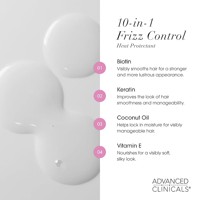 Advanced Clinicals 10-in-1 Anti-Frizz Hydrating Heat Protectant Hair Cream Coconut & Bamboo Strengthen, Detangle & Smooth Dry, Damaged Hair DEA, Paraben, Sulfate-Free, Color Safe, 7.5 Fl Oz