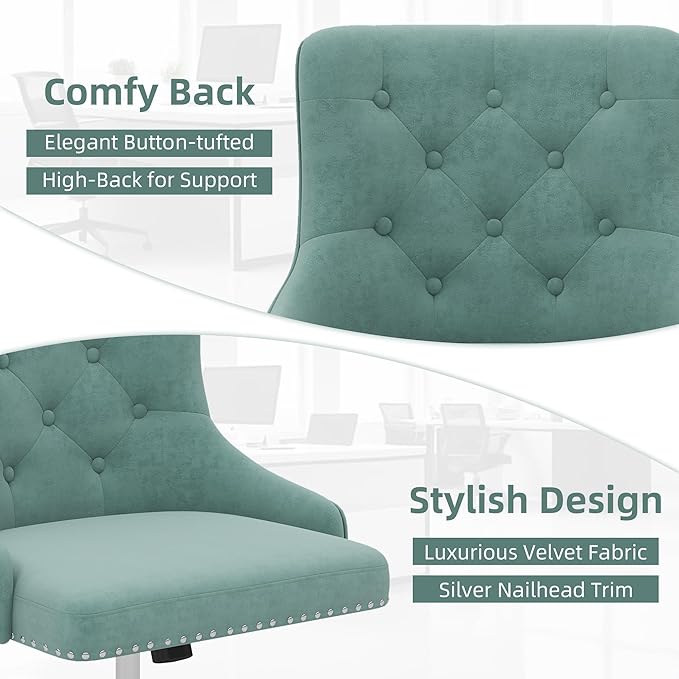 Westice Velvet Desk Chairs, Upholstered Swivel Comfy Makeup Vanity Chair with Tufted Back, Gold Metal Base & Wheels, Height Adjustable Chair for Girls, Bedroom Living Room, Mint Green