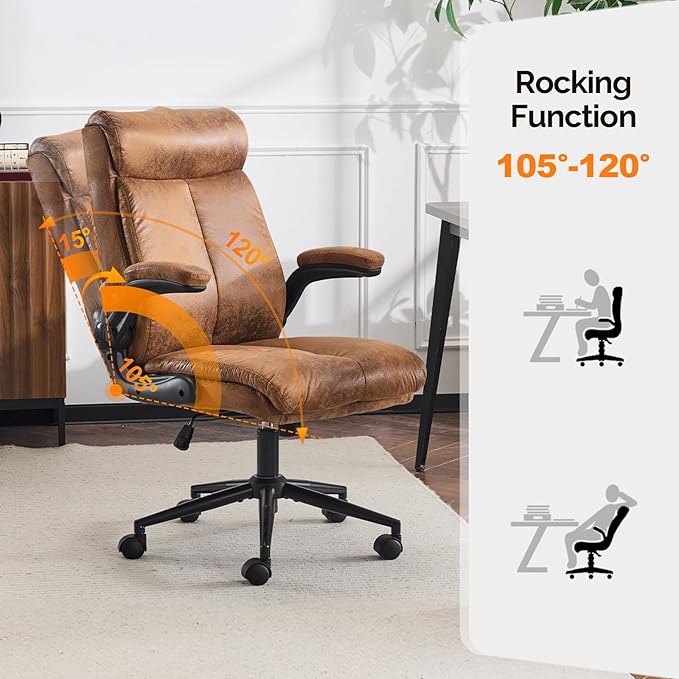 VINGLI Microfiber Brown Rolling Ergonomic Office Desk Chair with Padded Flip-up Arms, 360°Swivel High Back Executive Computer Chair with Wheels for Game，Home Small Space, Study Room, Reading Room