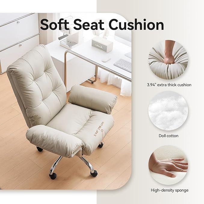 EMIAH Office Chair with Foot Rest Criss Cross Chair with Wheels and Flip-up Arms Reclining Desk Chair Comfy Wide Seat PU Leather Rolling Computer Home Office Chair (Beige)