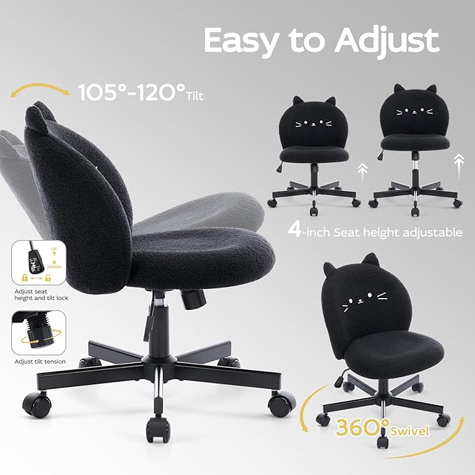 Vanity Chair with Cat Back,Armless Desk Chair Cute Small Office Chair,Teddy Fabric Computer Chair with Adjustable Height,120°Tilting,Rolling,Swivel for Vanity,Kids Room,Office,Bedroom Black
