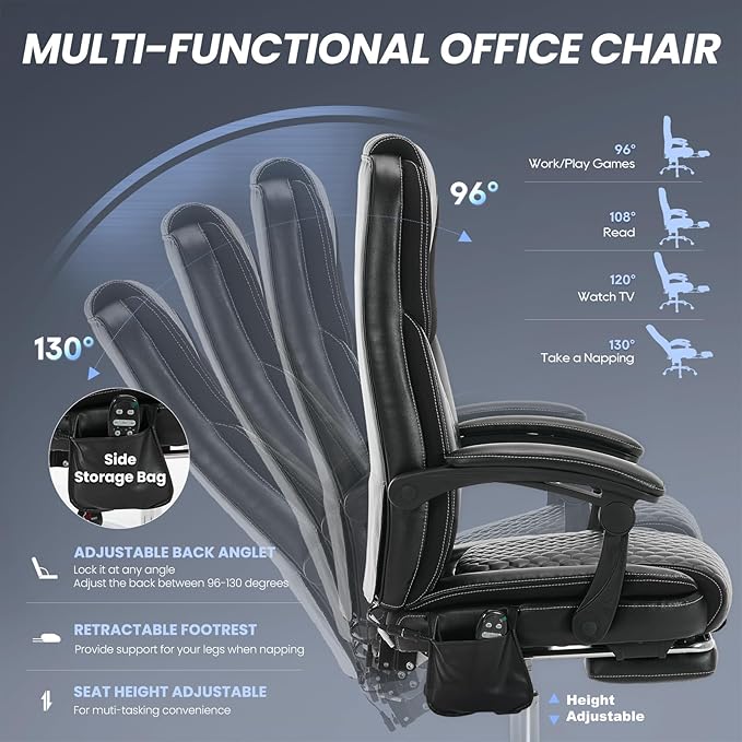 Massage Office Chair with 3-Level Heat and Footrest – 20-Min Easy Assembly, 300 lbs Big and Tall Reclining Desk Chair, PU Leather Ergonomic Executive Computer Chair with Side Pocket, Black