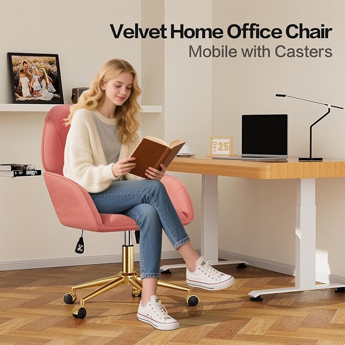 Home Office Desk Chair Comfy with Adjustable Swivel Wheels, Modern Velvet Makeup Vanity Chair with Back & Pillow, Ergonomic Office Chair Computer Task Chair for Living Room, Bedroom, Coral Red