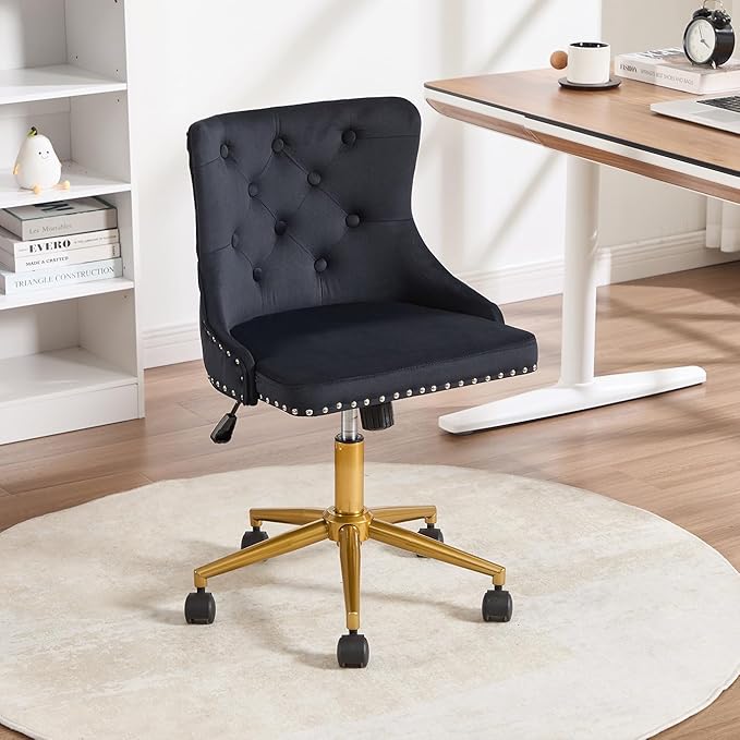 Velvet Armless Home Office Desk Chair, Swivel Height-Adjustable Small Cute Vanity Chair for Women/Girls, Comfy Makeup Chair with Rivet and Gold Base for Living Room, Bedroom(Black)