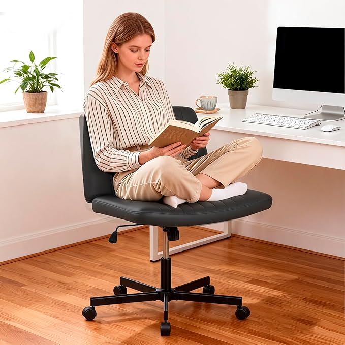 PayLessHere Criss Cross Chair Wide, Armless Office Desk Chair,Backrest Vanity Chair with Wheels 360 Swivel, Height Adjustable for Home Office, Home Office Black
