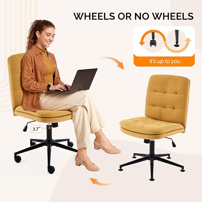 VINGLI Mid Back Armless Office Desk Chair with Wheels/no Wheels,360°Rocking Swivel Vanity Chair with Thickened Cushion,Adjustable Height Rolling for Reading Room, Make up, Linen Ginger Yellow