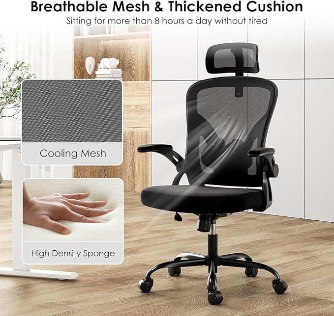 Farini Ergonomic Office Chair, Home Office Desk Chair with Headrest, High Back Swivel Computer Chair with Armrests and Adjustable Lumbar Support for Home Office Study Room, Black & Dark Black