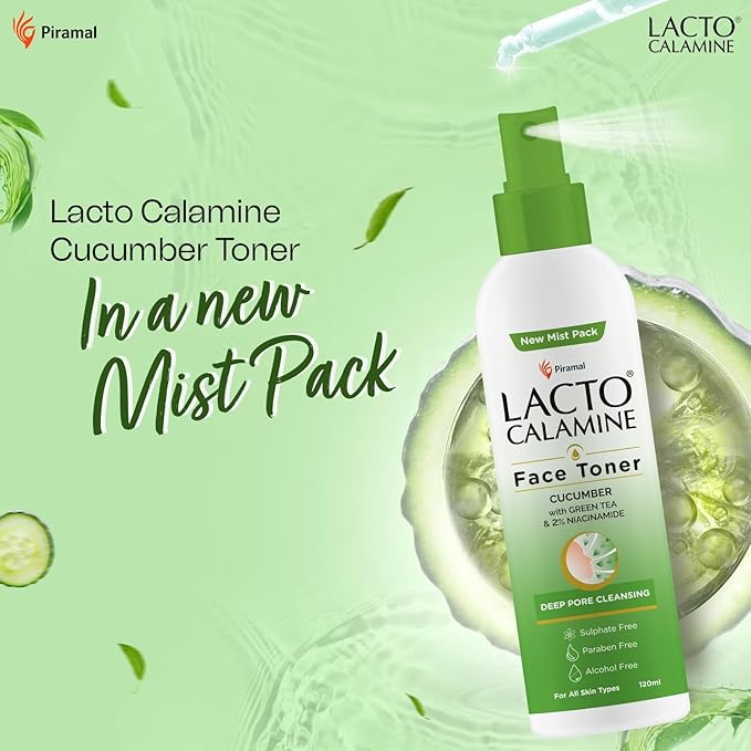 Lact'o Calamin'e Face Toner with Cucumber | 120ml | Deep Pore Cleansing | Open Pores Tightening with Green Tea & 2% Niacinamide for Cool & Hydrated Skin | No Sulphate, No Alcohol, No Parabens