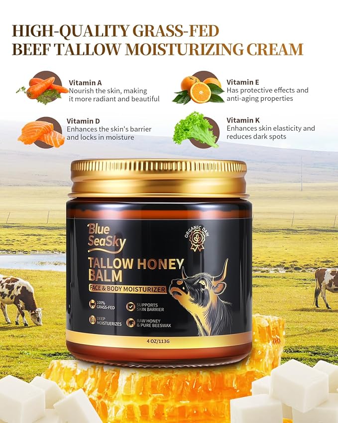 Organic Beef Tallow for Skin Grass-Fed Tallow Balm with Raw Wild & Honey Tallow Moisturizer for Eczema & Rosacea，Non-Comedogenic,Beef Tallow for Face Dry Sensitive Skin,4oz-Unscented