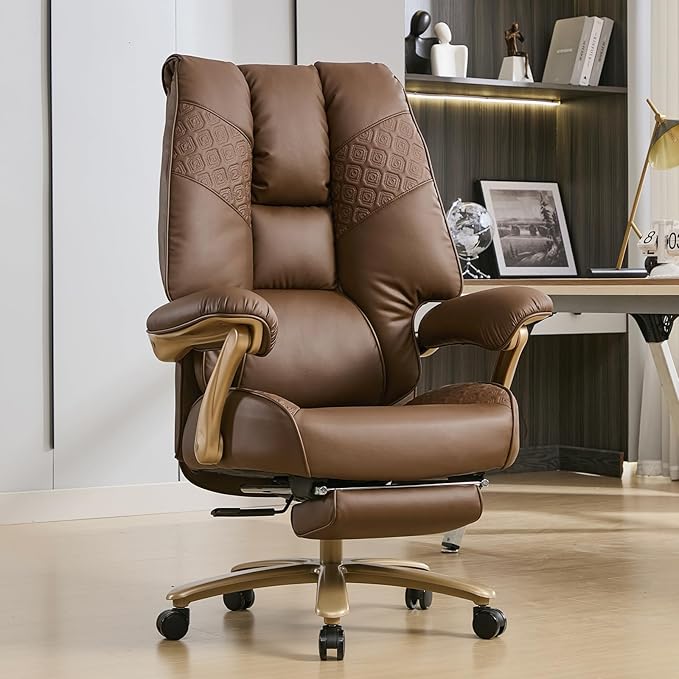 Big and Tall Executive Office Chair with Footrest, 400LBS Capacity Ergonomic High-Back Desk Office Chair with Lumbar Support, Padded Armrests & Thick Cushion, Brown PU Leather Chairs