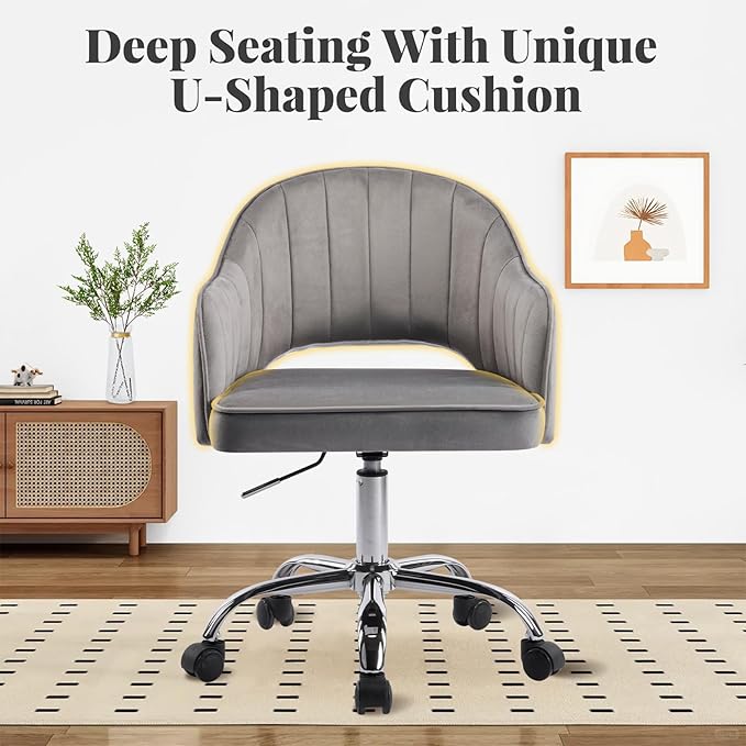 MOJAY Velvet Office Swivel Chair, Vanity Fabric Desk Pretty Fancy Gold Office Chairs for Girls, 360°Swivel Height Adjustable Reception Chair (LightGray)