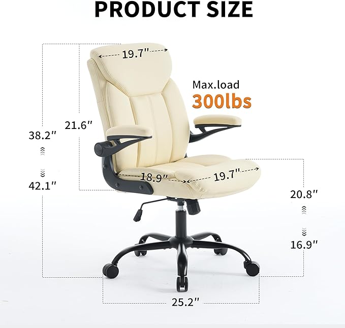 Home Office Ergonomic Desk Chair - Comfy Leather Executive Chair with Flip-Up Armrests, Lumbar Support, 360° Swivel & Rocking (Beige)