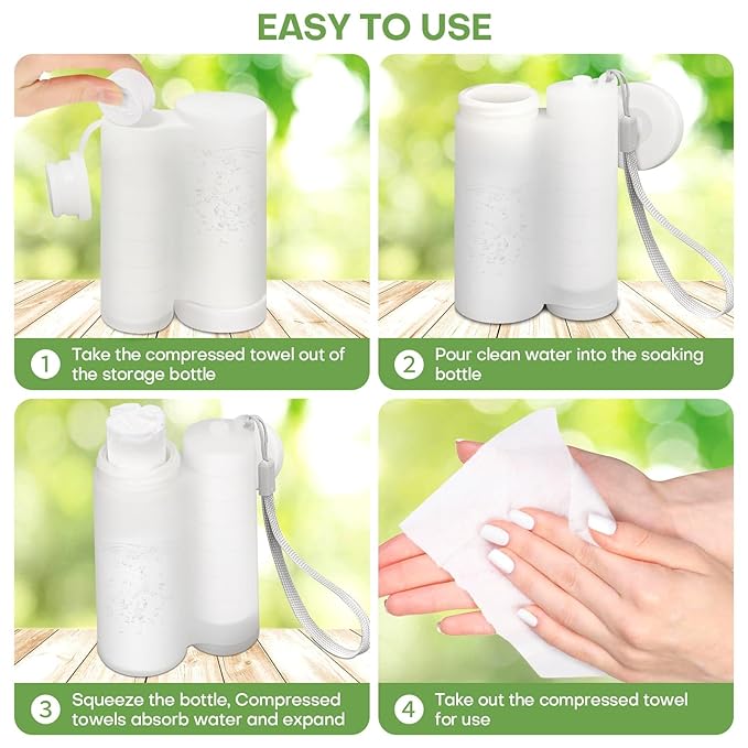 Compressed Towel Tablets 120 Count with Silicone Dispenser, Portable & Compact Disposable Washcloths, Thicken Cotton Mini Facial Towels Coin Tissue Put in Pockets, Car, Backpacks, Handbag