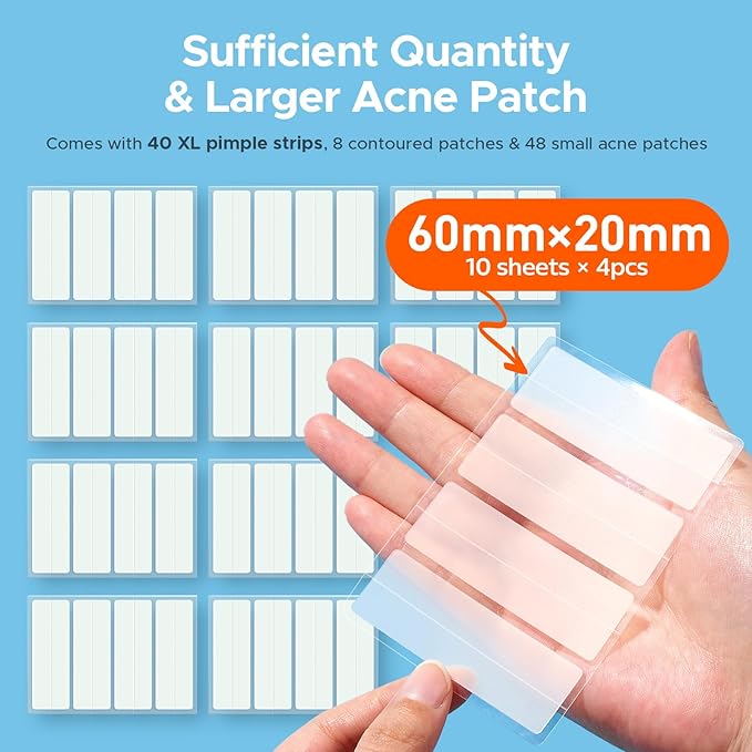 TKTK Pimple Patches, XL Hydrocolloid Patches for Face 60 x 20 mm, Big Acne Patches for Body, Forehead, Chin, Neck Zit Breakouts, Hydrocolloid Bandages (Strip, Contoured, Dot 5 Sizes 96 Count)