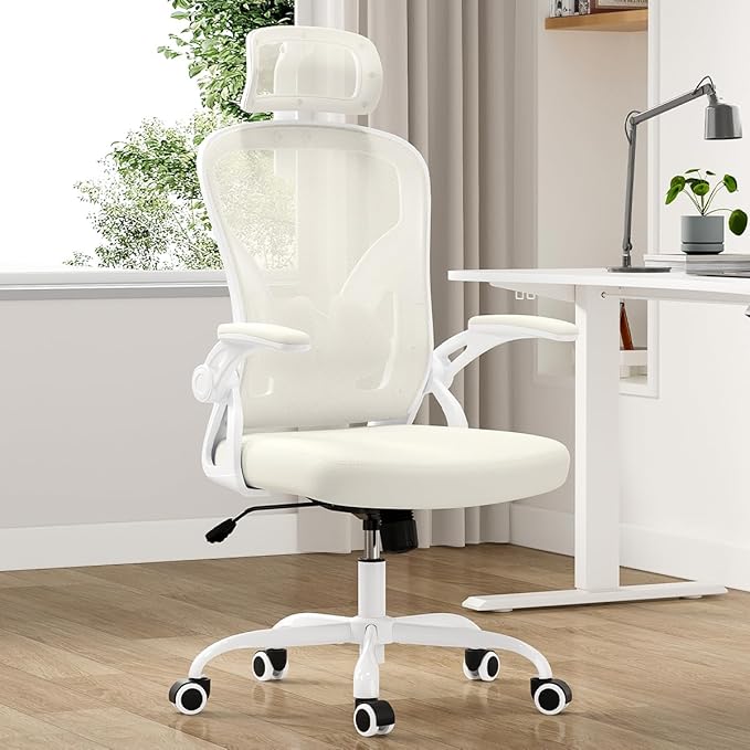 Farini Ergonomic Office Chair, Home Office Desk Chair with Headrest, High Back Swivel Computer Chair with Armrests and Adjustable Lumbar Support for Home Office Study Room, White & Beige