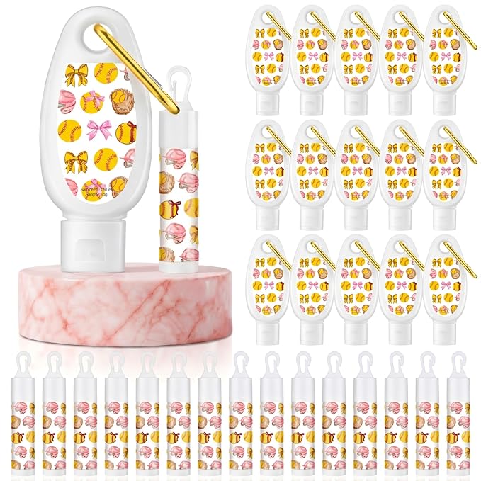 Demissle 12 Sets Softball Party Favors Mini Sunscreen and Sunscreen Lip Balms Bulk Spf 30 Travel Size 1oz Lotion with Carabiner Clip-on Lip Balms Packets for Team Women Birthday Gifts(Softball Bow)