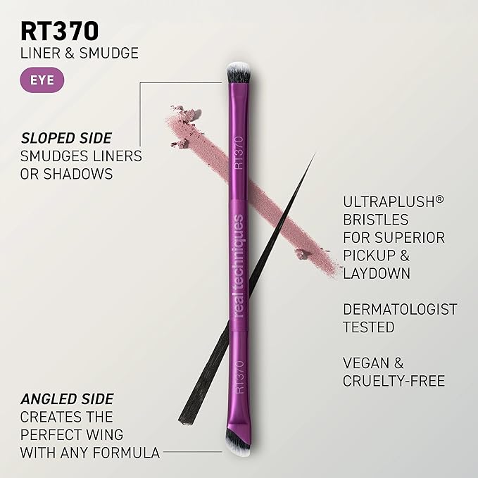 Real Techniques Liner & Smudge Brush, Dual-Ended Eye Brush for Eyeliner, Eyeshadow & Smoky Eye Blending, Precision Detail Makeup Brush with Soft Bristles, Cruelty-Free, 1 Count