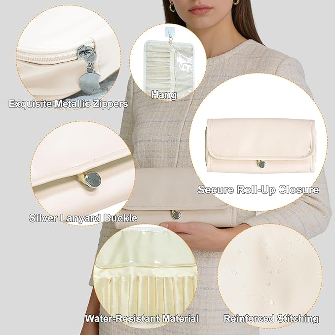 Portable Folding Makeup Brush Bag,Travel Toiletry Bag with Dividers & Independent Partition for Brushes & Skincare, Toothbrush Holder,Rollup & Open Flat cosmetic Organizer,Waterproof &Hanging (white)
