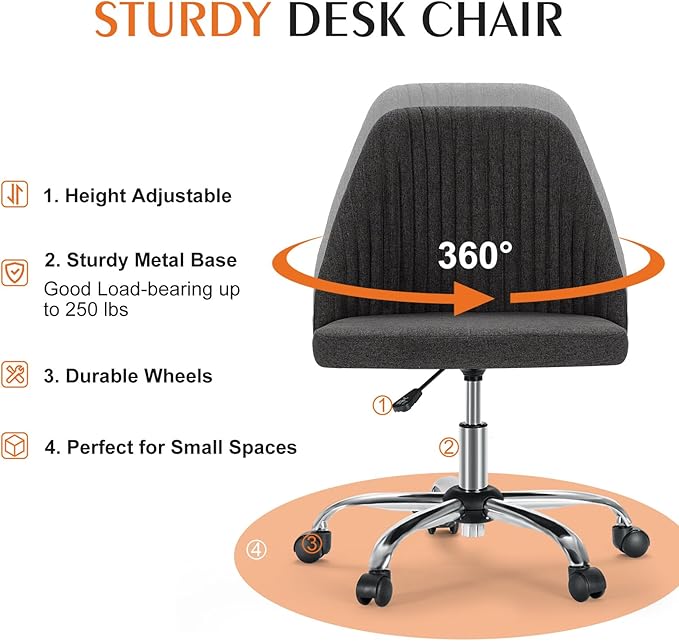 Sweetcrispy Armless Office Chair, Modern Fabric Home Office Desk Chairs with Wheels Adjustable Swivel Task Computer Vanity Seat for Small Spaces