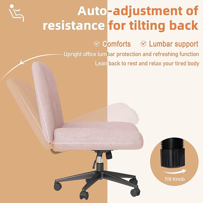 Shintenchi Criss Cross Chair,Cross Legged Office Seat with Wheels Armless Swivel Vanity Chair,Height Adjustable Wide Computer Task Seating for Home Office,Pink ﻿