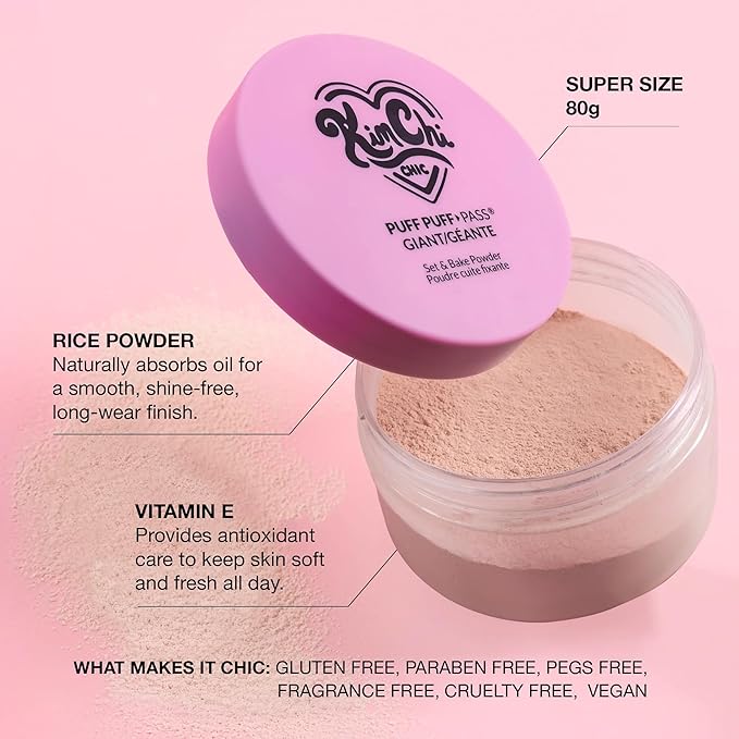 KimChiChic Beauty Giant Puff Puff Pass Set & Bake Powder - Loose Setting Powder with Rice Powder & Vitamin E, Finely Milled for All Day Wear, Translucent 80g