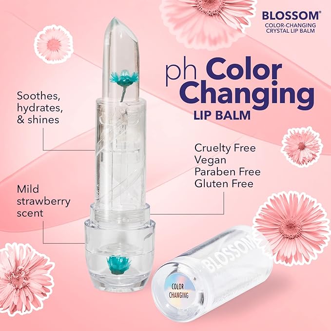 Blossom Lip Gloss Moisturizing pH Lip Balm, Strawberry Scented Color Changing Crystal Lip Stain Tint, Infused with Real Flowers, 3g, Turquoise