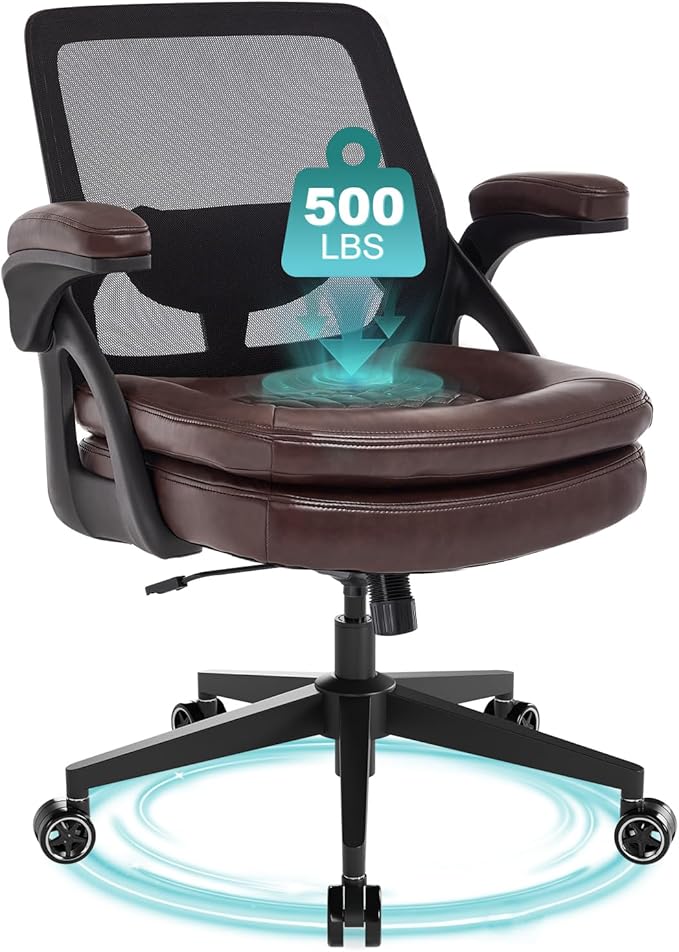 Big and Tall Office Chair, 500lbs Mesh Heavy Duty Ergonomic Desk Chair with Flip-up Armrests, Plus Size Wide Seat in PU Leather, 360 Swivel Computer Executive Task Chair for Home Office (Brown)