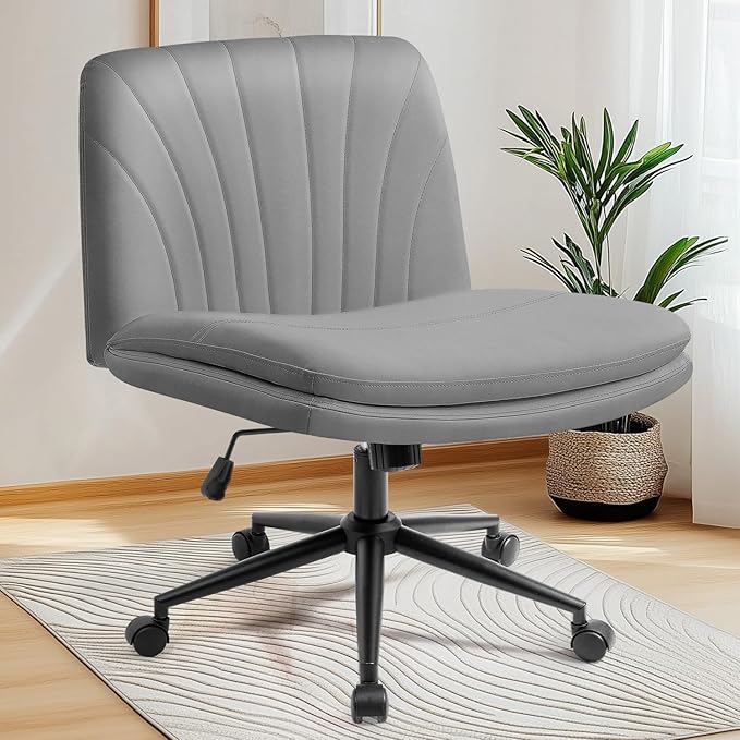 NEO Chair Criss Cross Chair with Wheels Armless Cross Legged Office Desk Wide Comfy Vanity Makeup Chair Adjustable Swivel Rolling Computer for Home Office PU Leather (Grey)