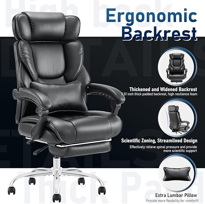 High Back Office Chair with Adjustable Headrest, Retractable Footrest & Lumbar Pillow, Ergonomic Bonded Leather Executive Desk Chair, Thick Padded Cushion, 90–135° Reclining Chair for Home OfficeBlack