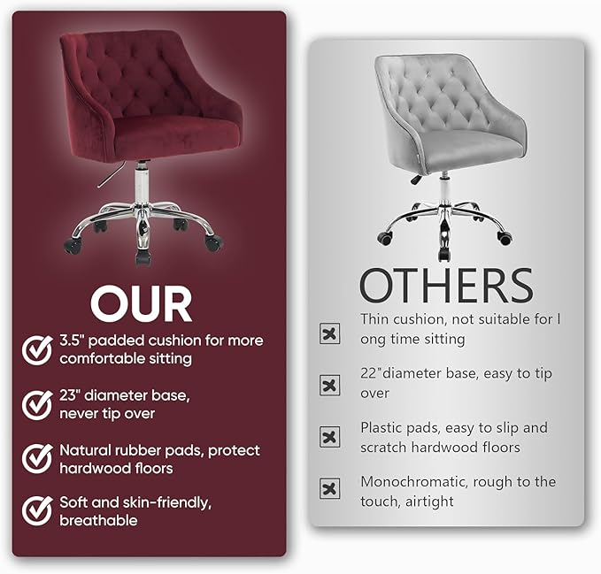 MOJAY Velvet Office Swivel Chair, Vanity Fabric Desk Pretty Fancy Gold Office Chairs for Girls, 360°Swivel Height Adjustable Reception Chair (Burgundy)