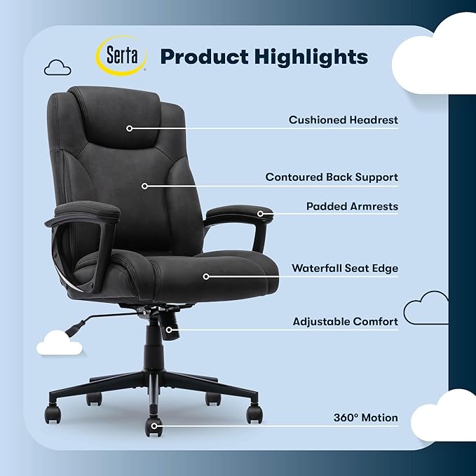 Serta Comfort Eco Office Chair, Ergonomic Mid-Back with Lumbar Support, Semi-Plush Seat Cushion and Layered Body Pillows, Padded Armrests, Metal Swivel Base, Soft Velvet Fabric, Black