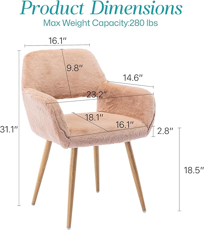 Home Office Faux Fur Desk Chair, Fluffy Makeup Vanity Chair, Comfy Accent Armchair with Wood Grain Metal Legs, Cute Dining Chair with Hollowed Back, Camel