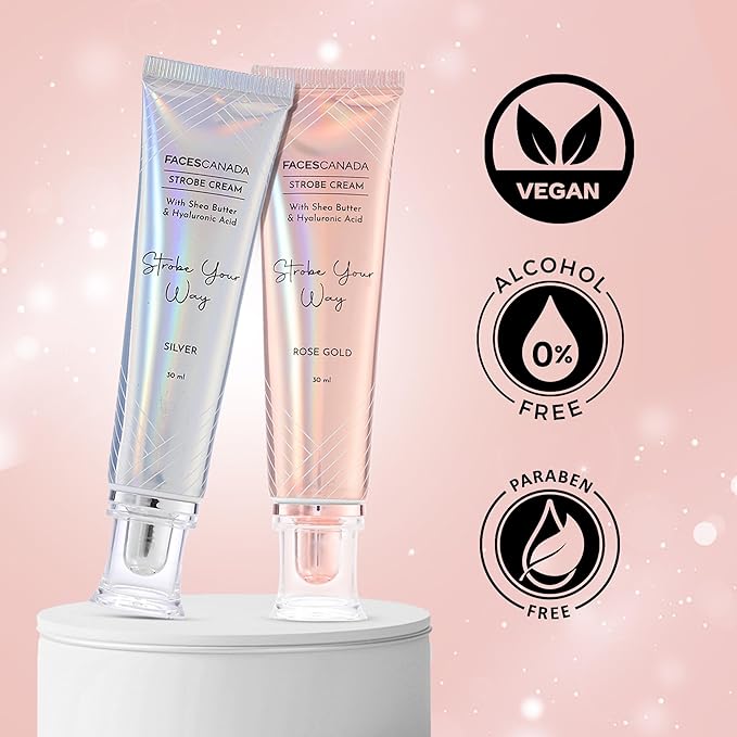 FACESCANADA Strobe Cream - Rose Gold | with Shea Butter & Hyaluronic Acid | Hydrating & Illuminating Makeup | for Radiant Dewy Skin | 1.01 Fl Oz (30ml)