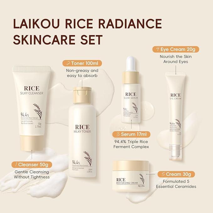 Rice Skin Care Set 5-Piece, Complete Facial Skincare Routine with Rice Moisturizing Cream, Toner & Essential Products, Hydrating Formula for Daily Nourishment, Gift Set (5PCS)