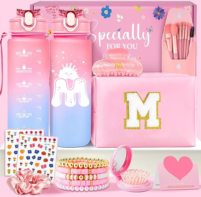 Initial Makeup Bag - Birthday Gifts for Girls 4 5 6 7 8 9 10 11 12 Year Old Teen Girls, Personalized Teen Girl Gifts - Preppy Cosmetic Bags Cute claw clips for Kids Women (Pink M)