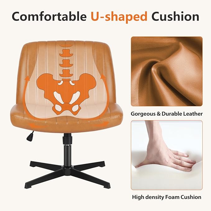 Sweetcrispy Criss Cross Chair Legged, Armless Office Wide Desk Chair No Wheels, PU Leather Swivel Vanity Height Adjustable Fabric Modern Computer Task Seating for Home - Brown