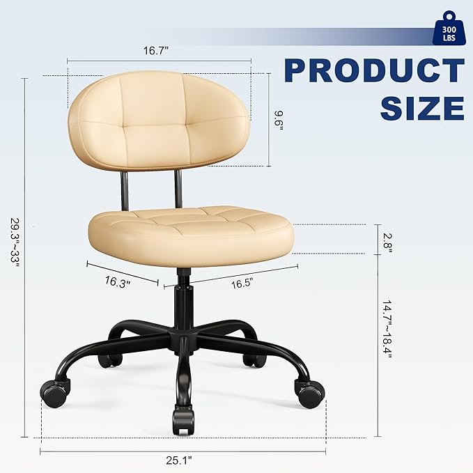 Misolant Vanity Chair with back, Small Armless Cute office Chair with wheels and Lumbar support, Comfy PU Leather Desk Computer Chairs with Adjustable Height, 360°Swivel for Home Bedroom Office, Khaki