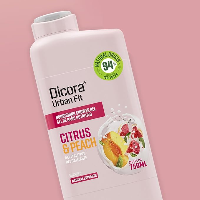 Dicora Urban Fit Shower Gel - Women and Mens Body Wash for All-Day Hydration - Prevents Premature Aging with Vitamin C - Citrus and Peach - 25.4 oz