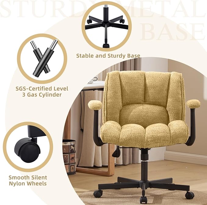 Criss Cross Legged Office Chair with Flip-Up Arms and Wheels, Wide Seat Desk Chair with Built-In Dynamic Airbag Lumbar Support, Modern Cross-Leg Chair for Home Office, Apartment, Vanity, Yellow
